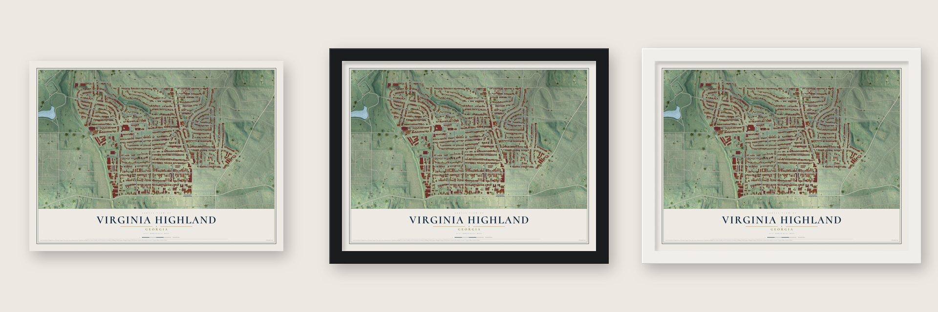 Virginia Highland, Georgia map unframed, in a black wood frame and in a white wood frame