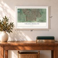 Virginia Highland, Georgia map, 12 x 18 inch print in a white frame in an entryway