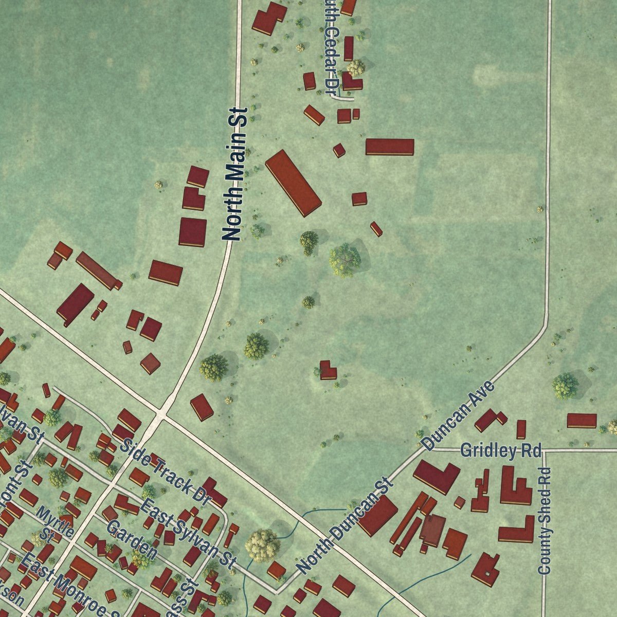 Second close-up of the map of Virginia, Illinois print showing more streets and buildings