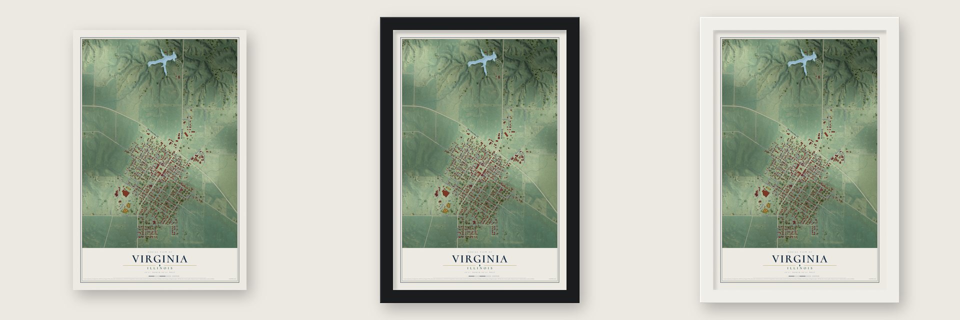Virginia, Illinois map unframed, in a black wood frame and in a white wood frame