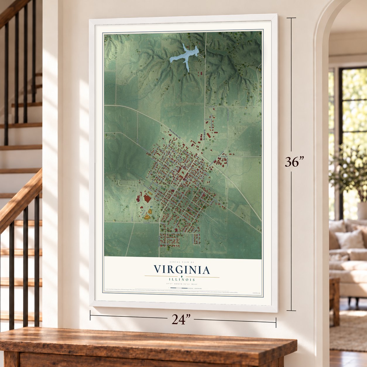 Virginia, Illinois map, 24 x 36 inch print in a white frame by a staircase