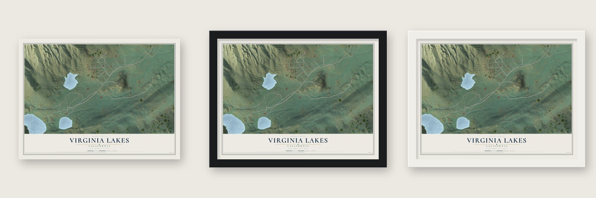 Virginia Lakes, California map unframed, in a black wood frame and in a white wood frame