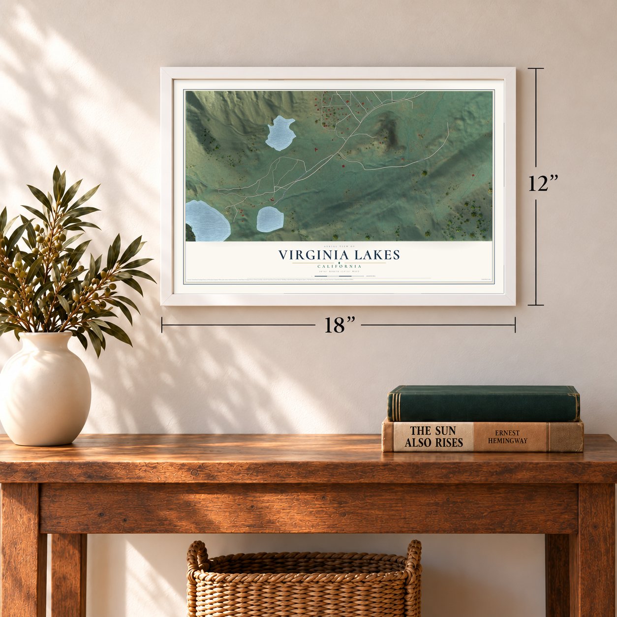 Virginia Lakes, California map, 12 x 18 inch print in a white frame in an entryway