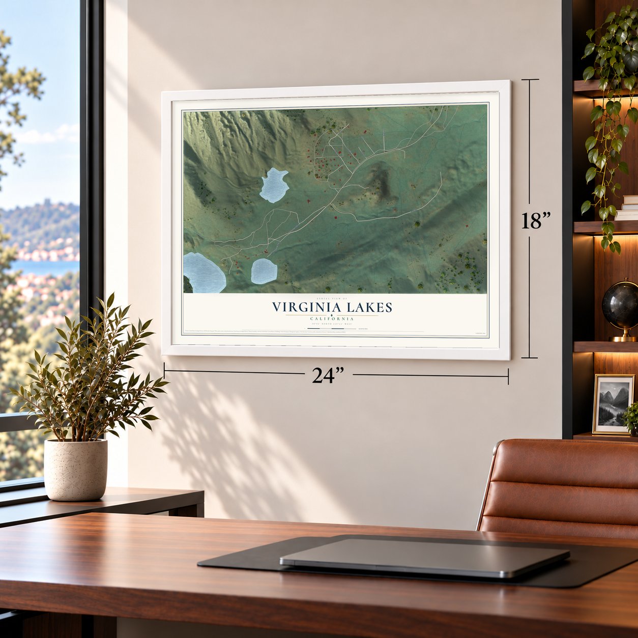 Virginia Lakes, California map, 18 x 24 inch print in a white frame in a home office