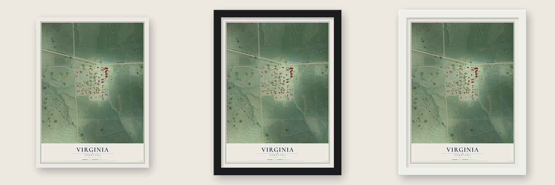 Virginia, Nebraska map unframed, in a black wood frame and in a white wood frame