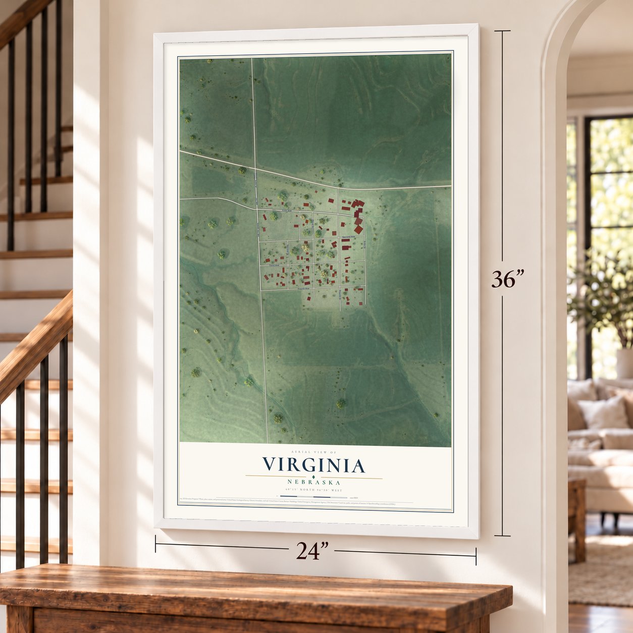 Virginia, Nebraska map, 24 x 36 inch print in a white frame by a staircase