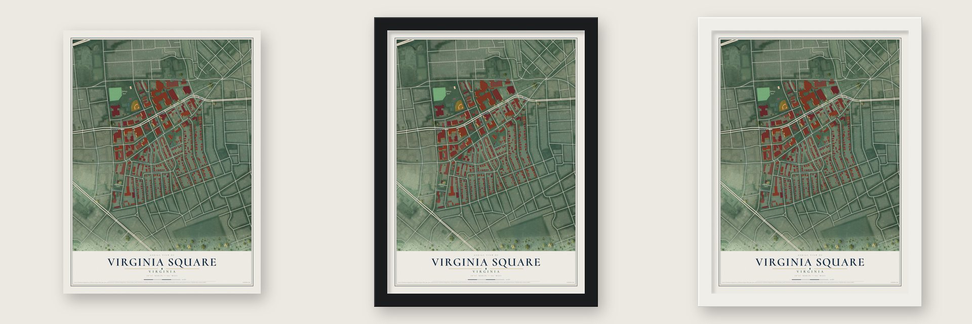 Virginia Square, Virginia map unframed, in a black wood frame and in a white wood frame