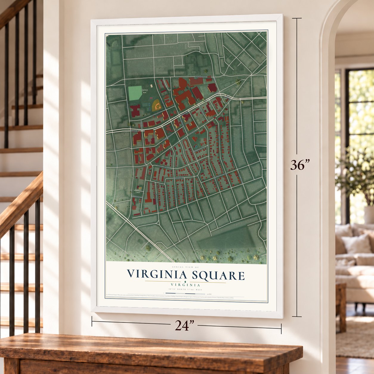Virginia Square, Virginia map, 24 x 36 inch print in a white frame by a staircase