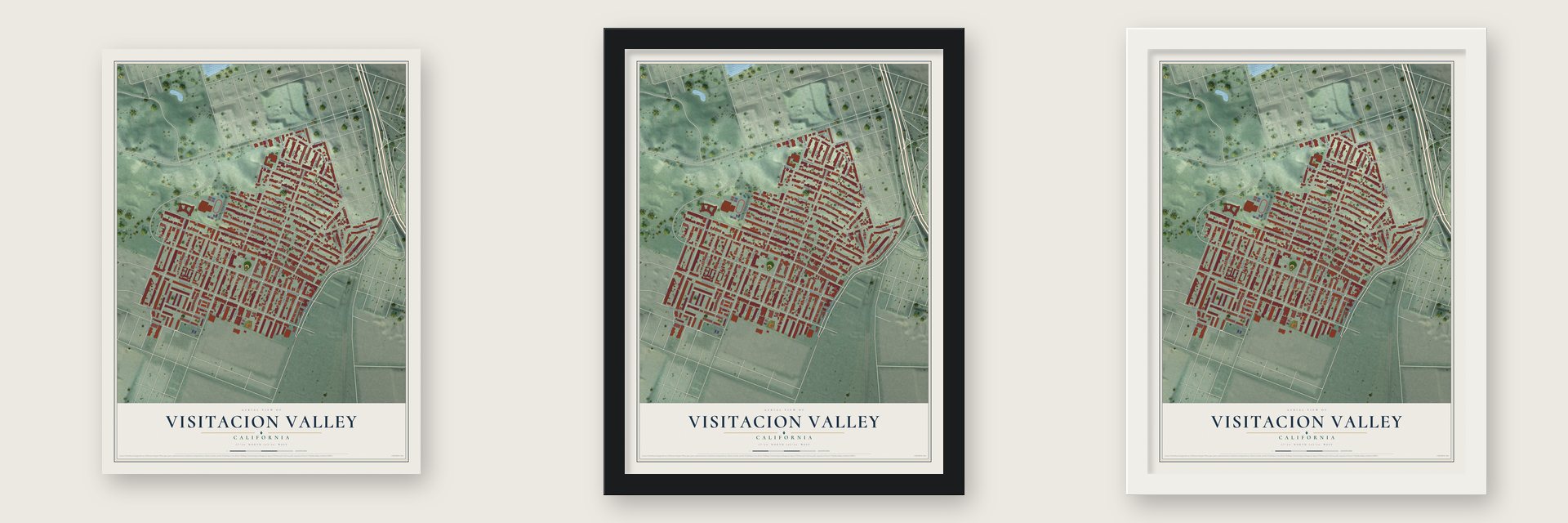 Visitacion Valley, California map unframed, in a black wood frame and in a white wood frame
