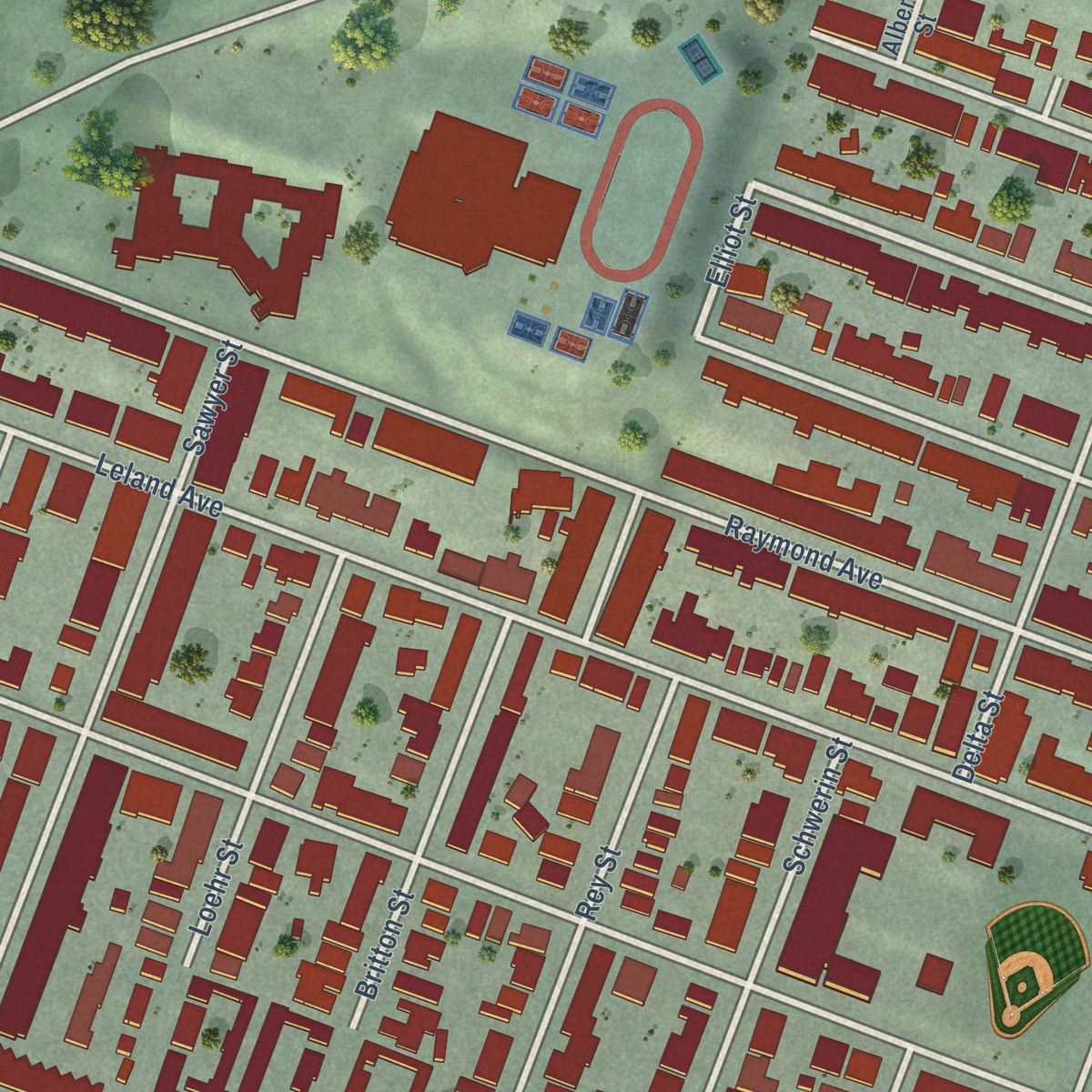 Second close-up of the map of Visitacion Valley, California print showing more streets and buildings
