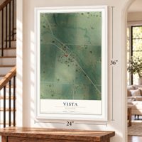 Vista, Missouri map, 24 x 36 inch print in a white frame by a staircase