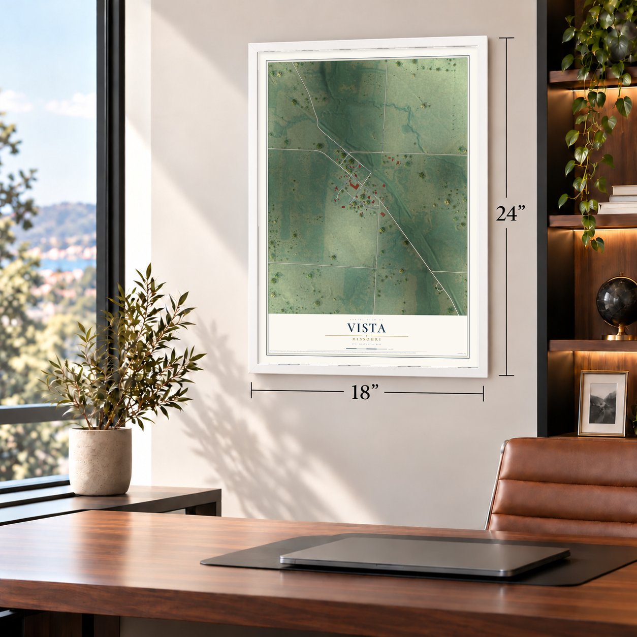 Vista, Missouri map, 18 x 24 inch print in a white frame in a home office