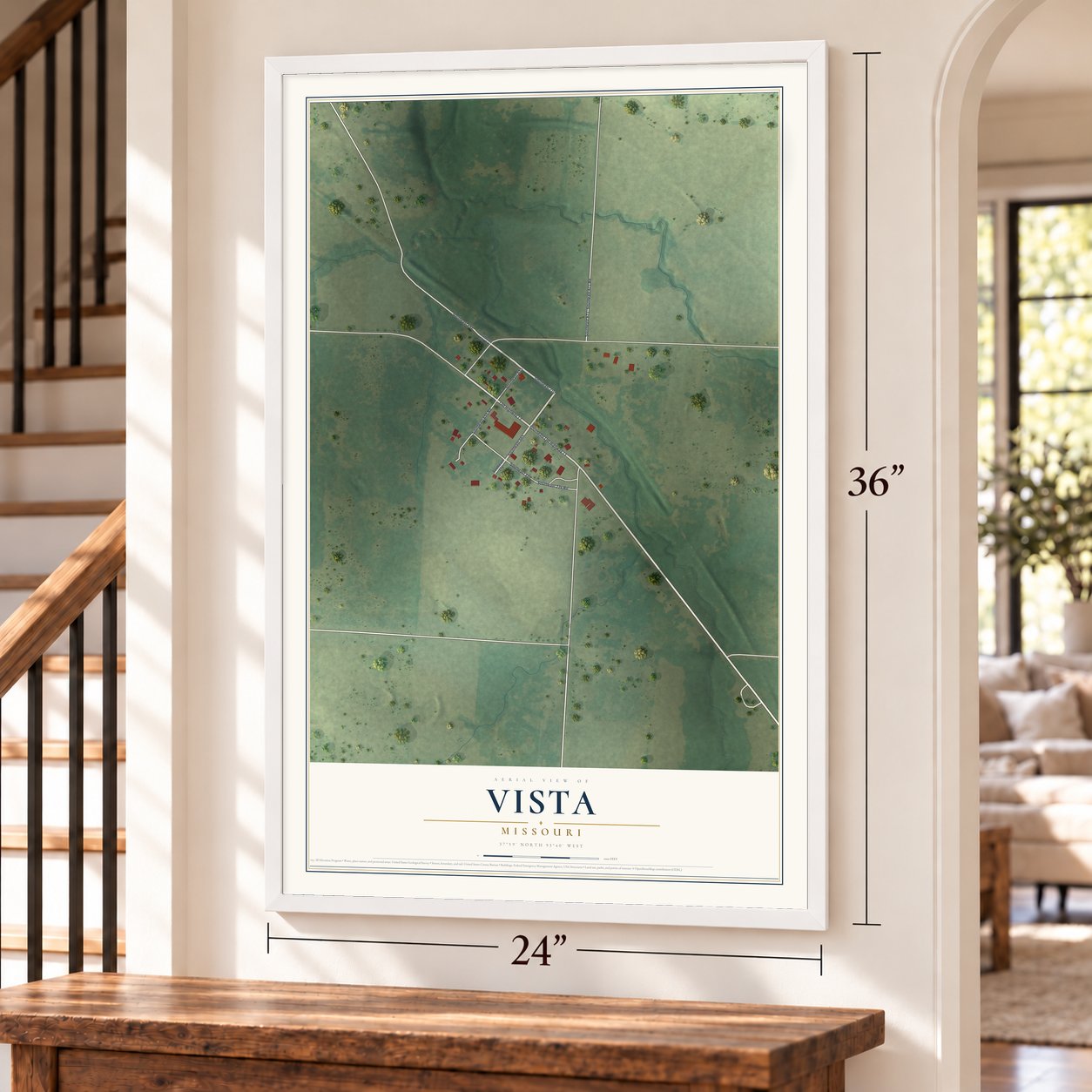 Vista, Missouri map, 24 x 36 inch print in a white frame by a staircase