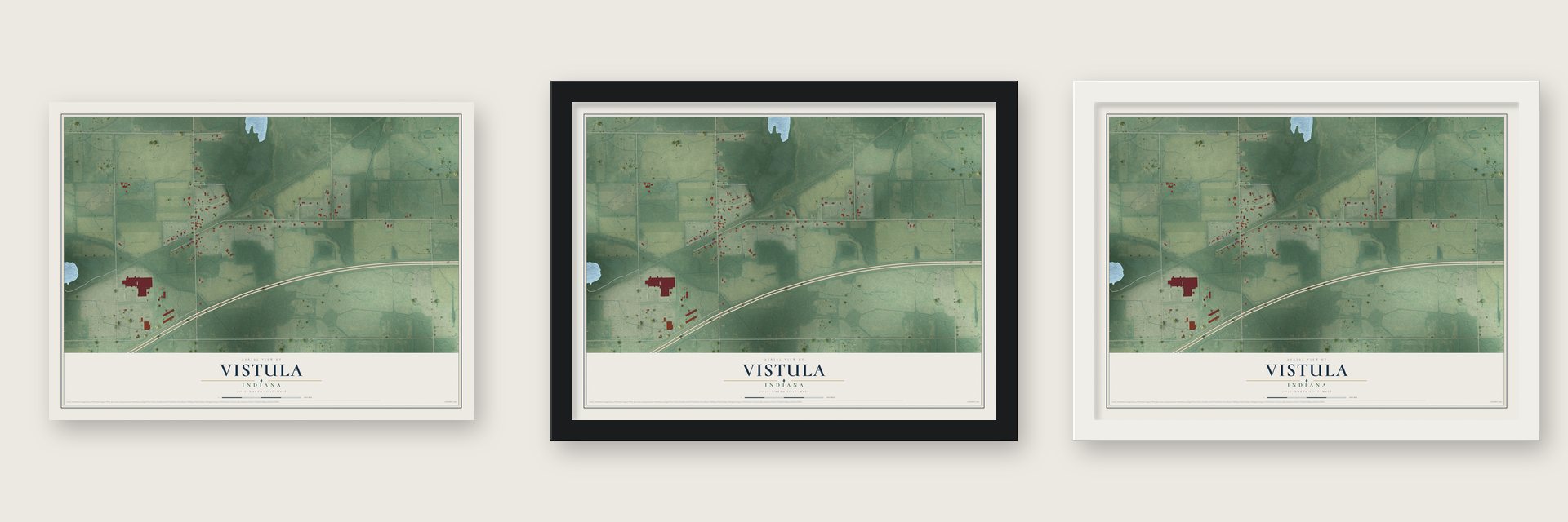 Vistula, Indiana map unframed, in a black wood frame and in a white wood frame