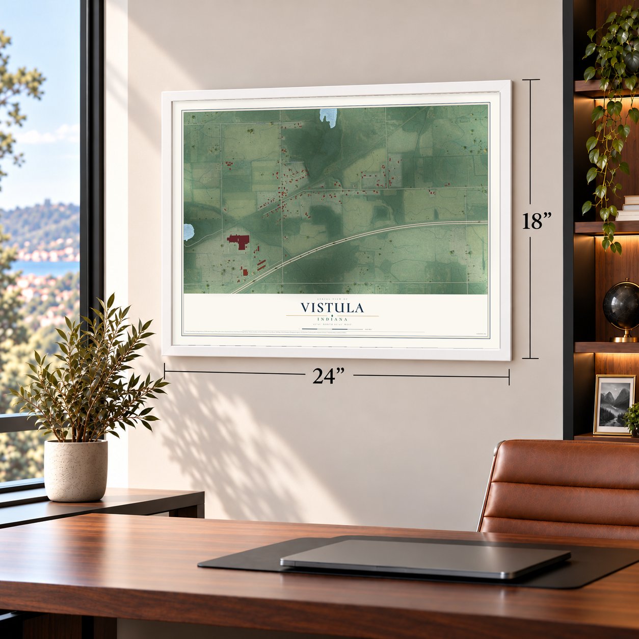 Vistula, Indiana map, 18 x 24 inch print in a white frame in a home office