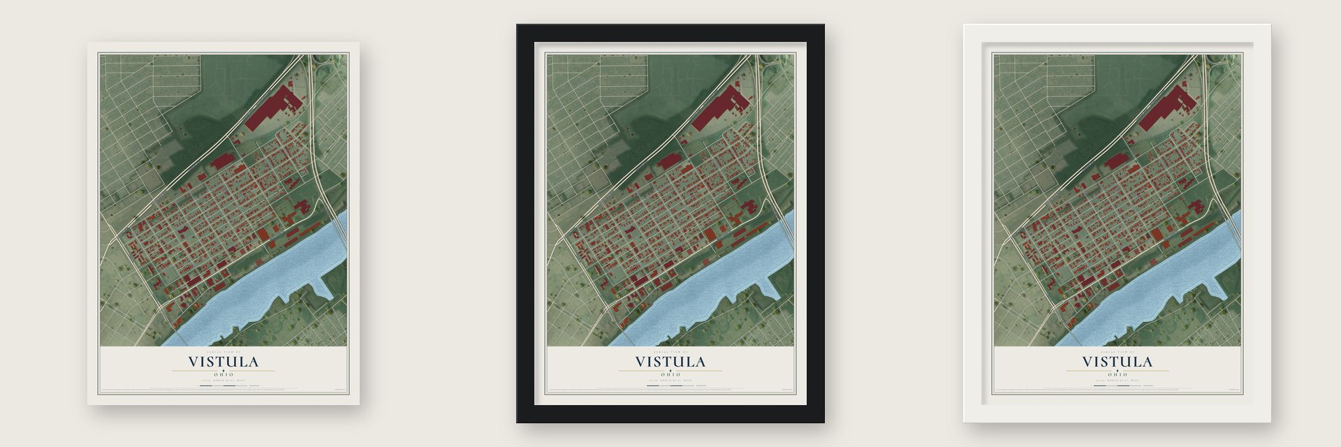 Vistula, Ohio map unframed, in a black wood frame and in a white wood frame