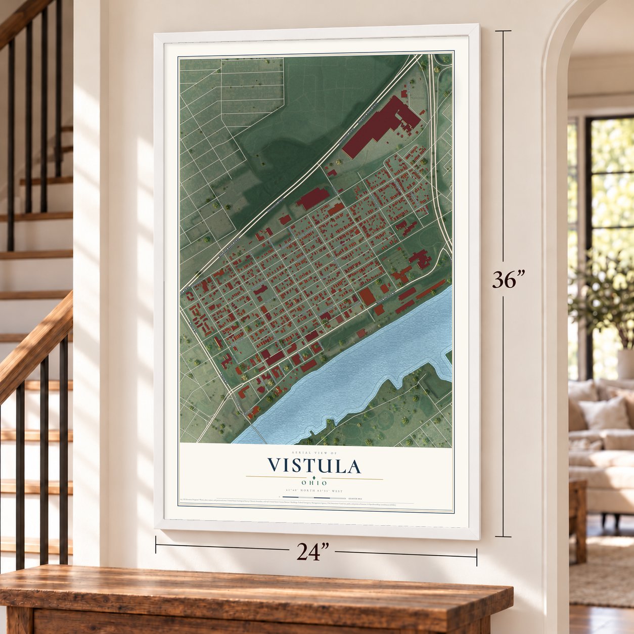 Vistula, Ohio map, 24 x 36 inch print in a white frame by a staircase