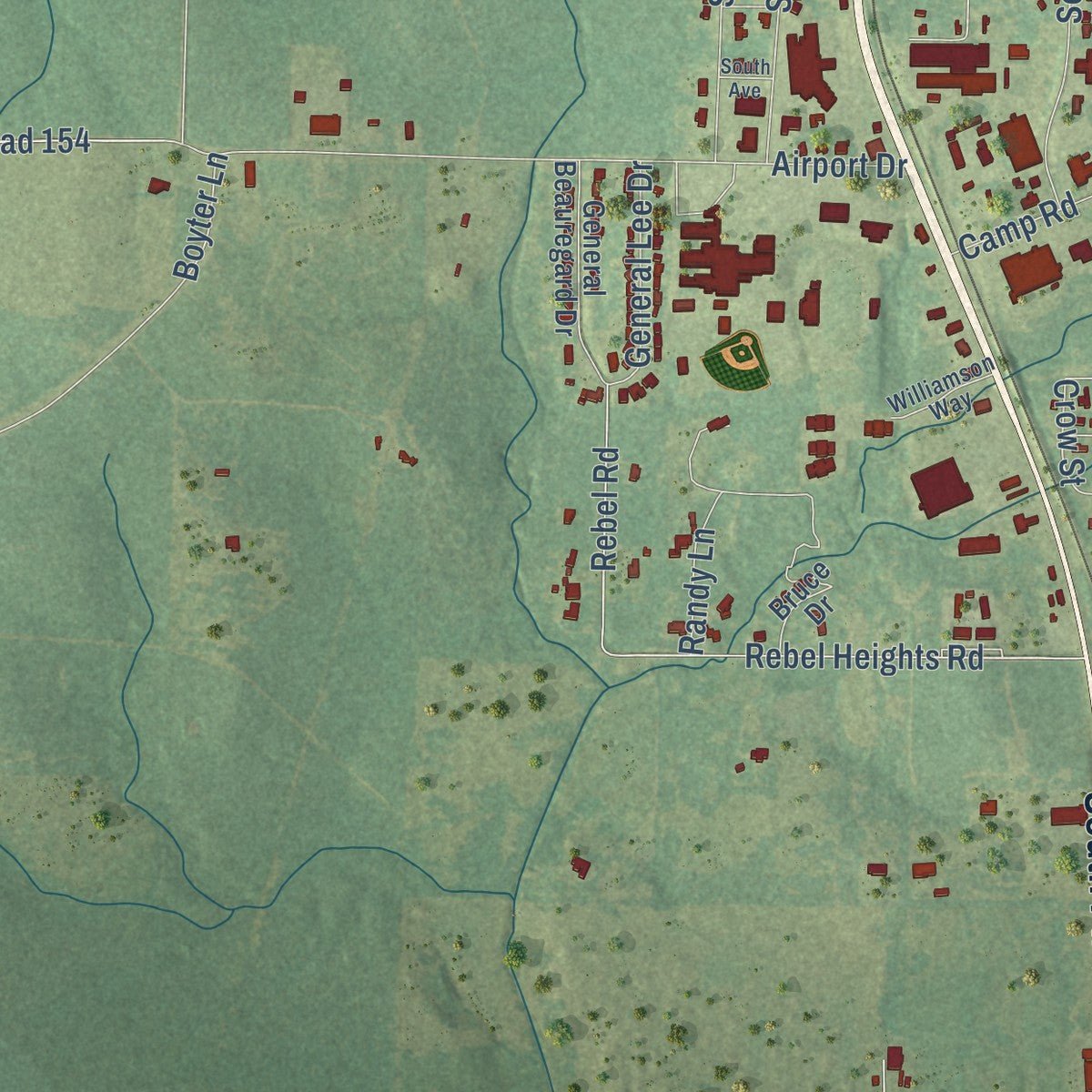Second close-up of the map of Vivian, Louisiana print showing more streets and buildings