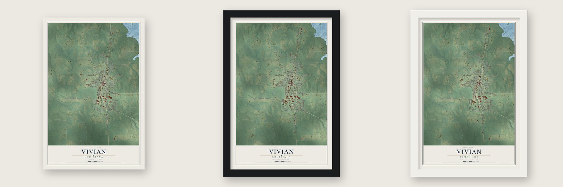 Vivian, Louisiana map unframed, in a black wood frame and in a white wood frame