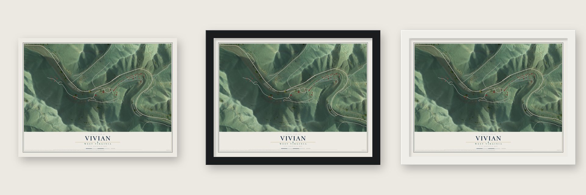 Vivian, West Virginia map unframed, in a black wood frame and in a white wood frame