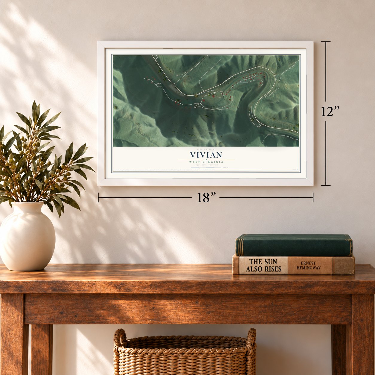 Vivian, West Virginia map, 12 x 18 inch print in a white frame in an entryway