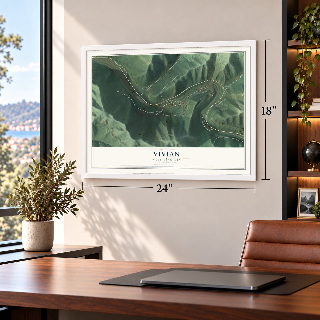 Vivian, West Virginia map, 18 x 24 inch print in a white frame in a home office