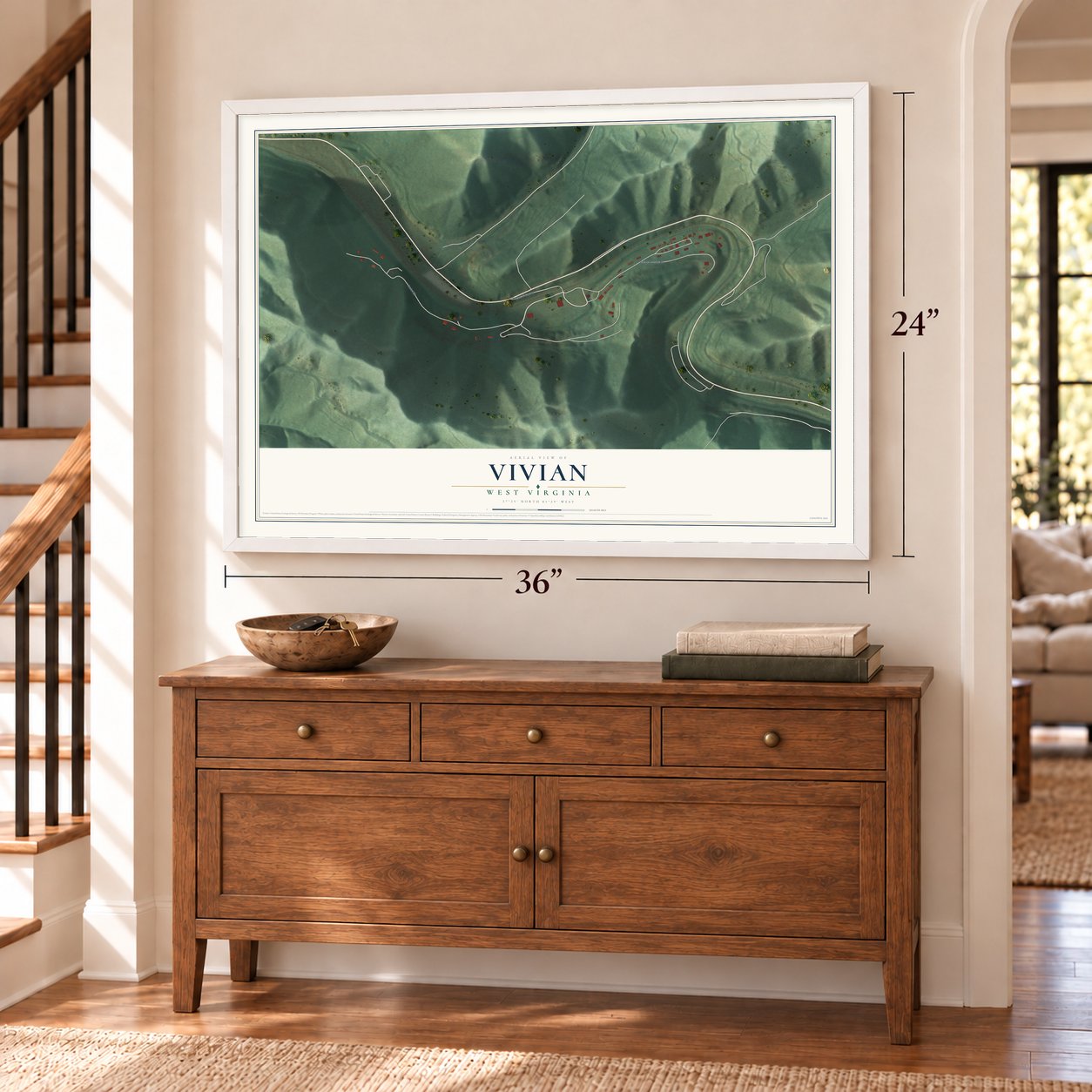 Vivian, West Virginia map, 24 x 36 inch print in a white frame above a dresser by a staircase