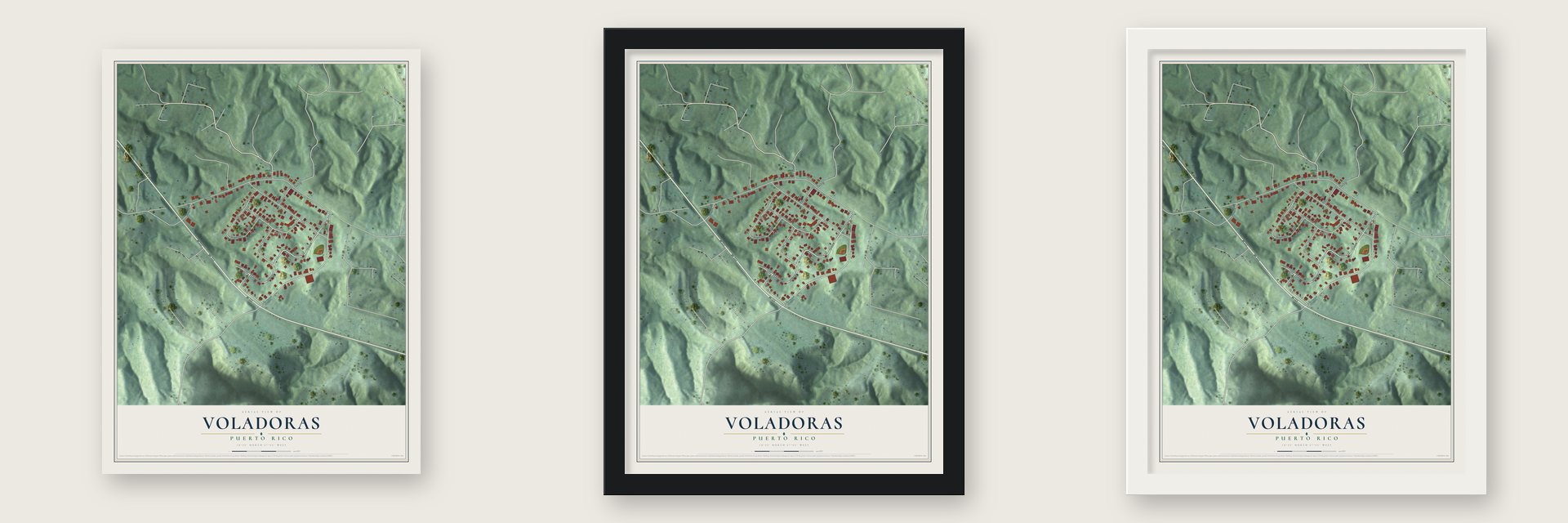 Voladoras, Puerto Rico map unframed, in a black wood frame and in a white wood frame