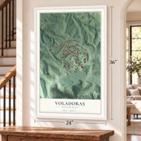 Voladoras, Puerto Rico map, 24 x 36 inch print in a white frame by a staircase