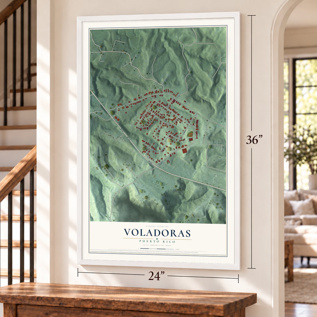 Voladoras, Puerto Rico map, 24 x 36 inch print in a white frame by a staircase