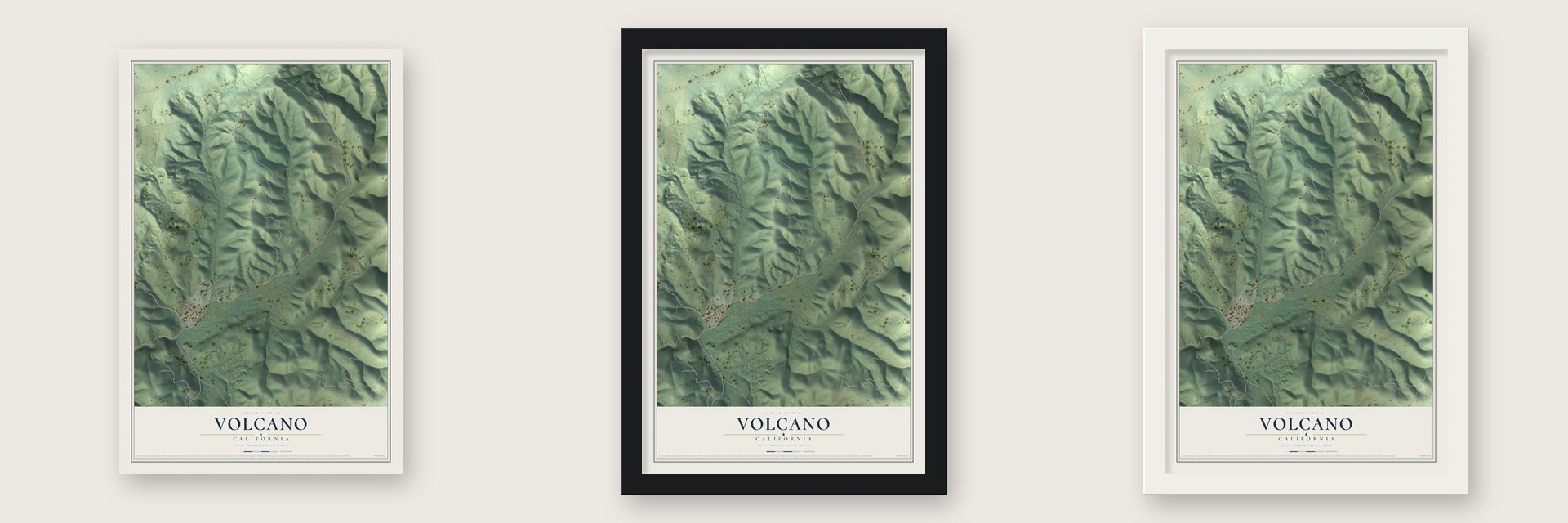 Volcano, California map unframed, in a black wood frame and in a white wood frame