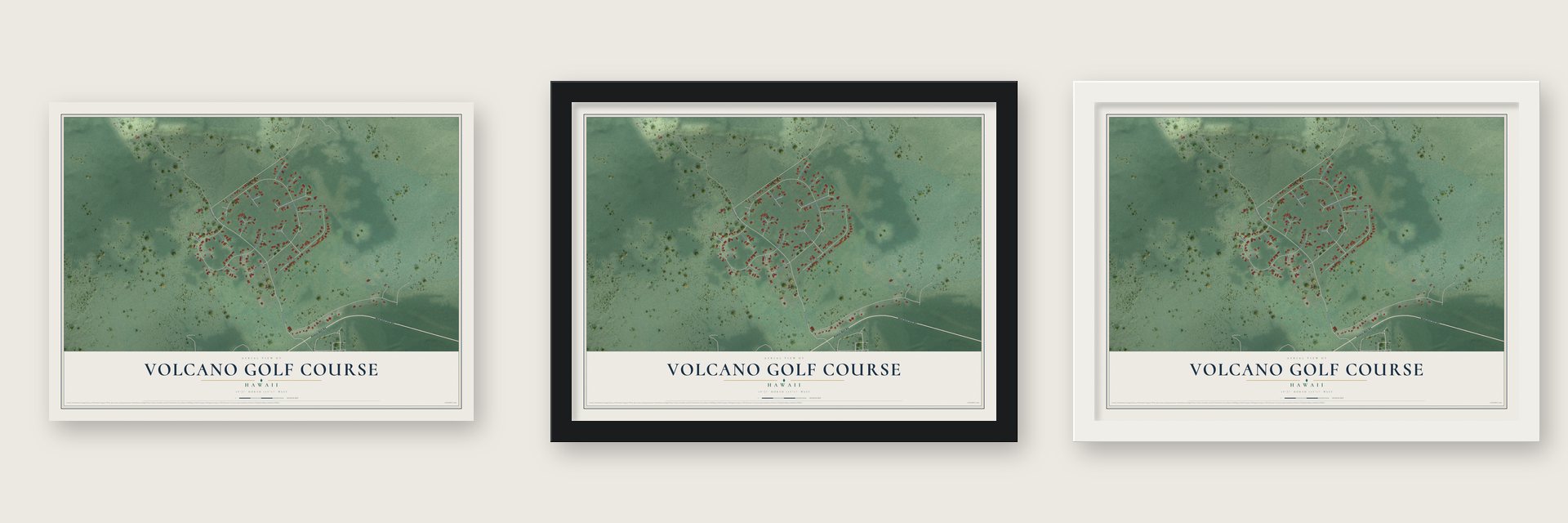 Volcano Golf Course, Hawaii map unframed, in a black wood frame and in a white wood frame