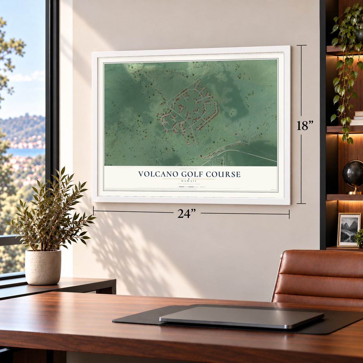 Volcano Golf Course, Hawaii map, 18 x 24 inch print in a white frame in a home office