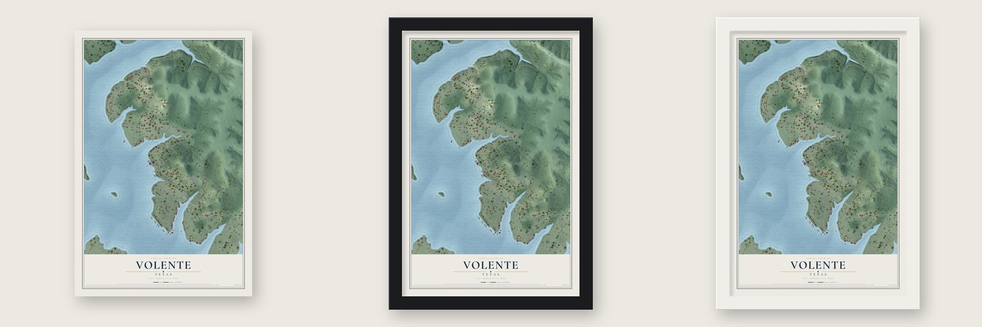Volente, Texas map unframed, in a black wood frame and in a white wood frame
