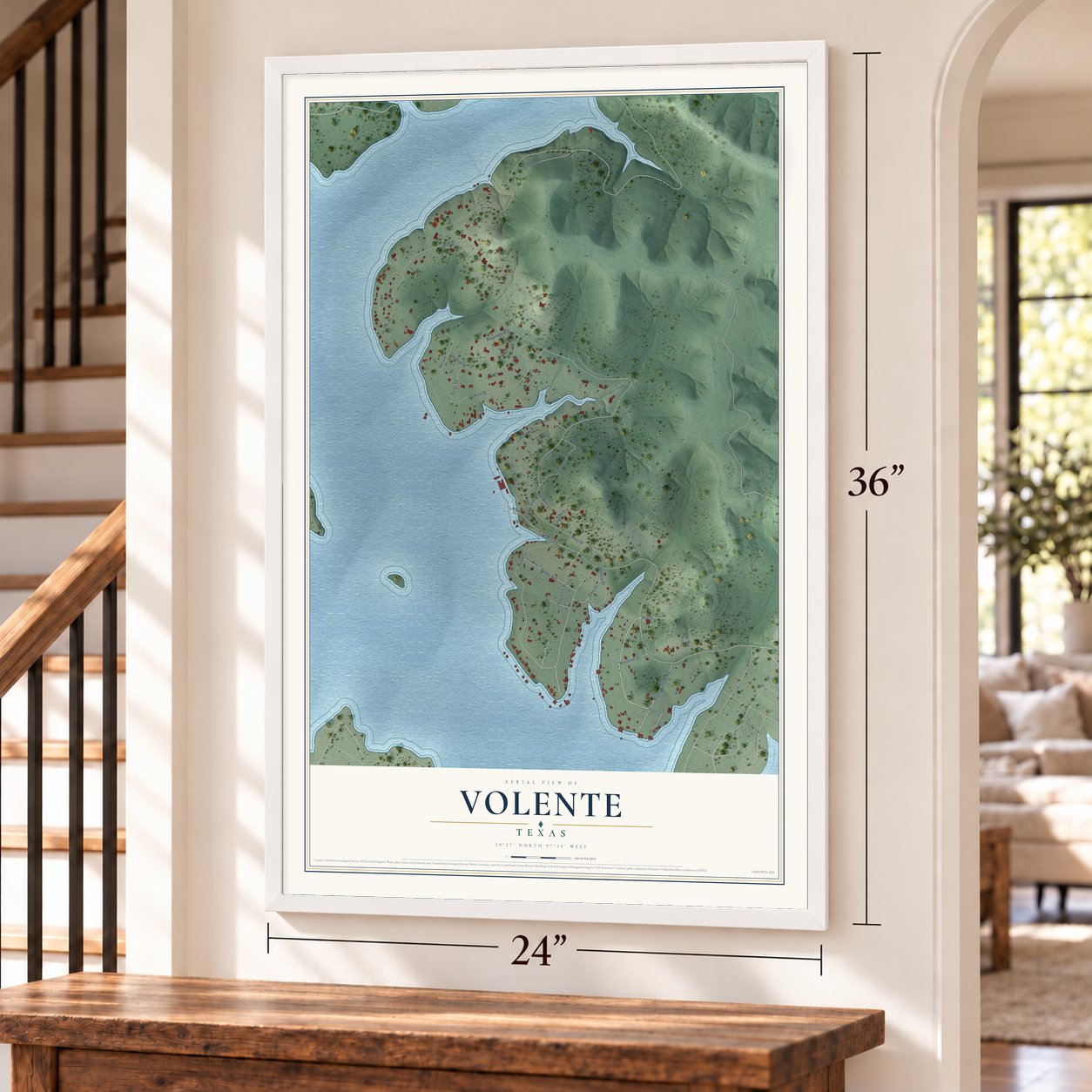 Volente, Texas map, 24 x 36 inch print in a white frame by a staircase