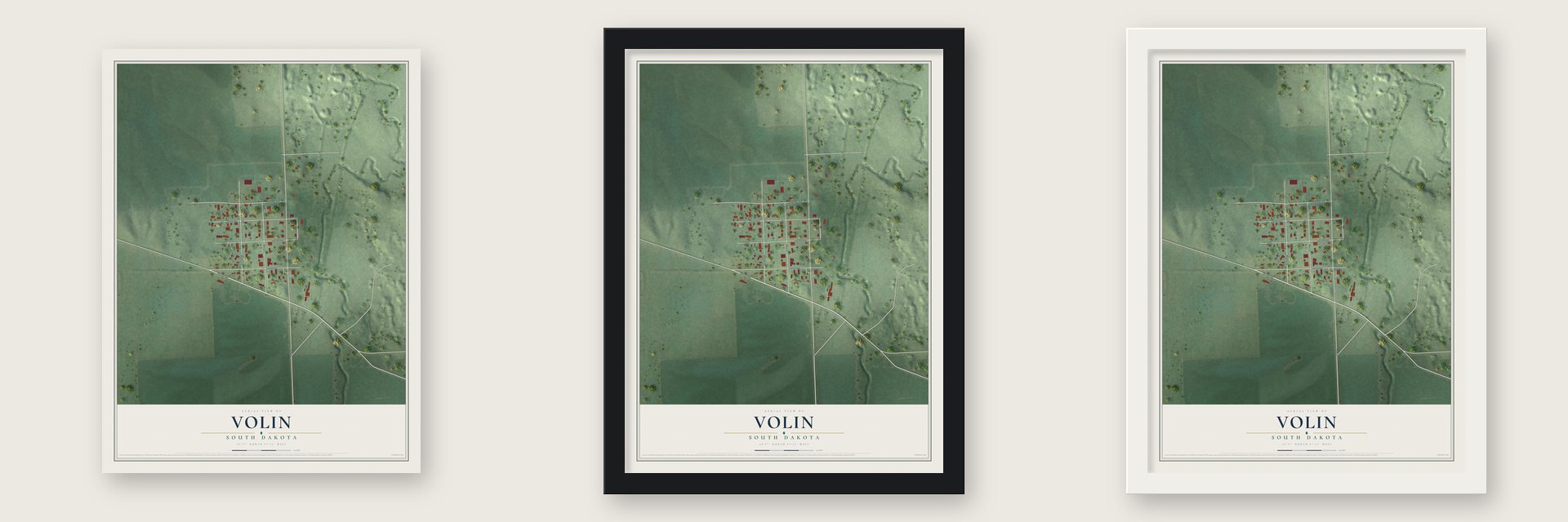 Volin, South Dakota map unframed, in a black wood frame and in a white wood frame