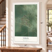 Volin, South Dakota map, 24 x 36 inch print in a white frame by a staircase