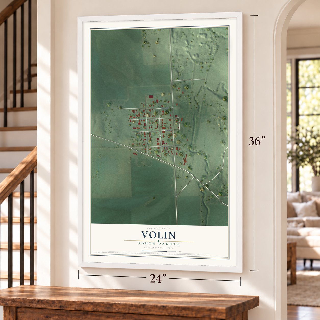 Volin, South Dakota map, 24 x 36 inch print in a white frame by a staircase