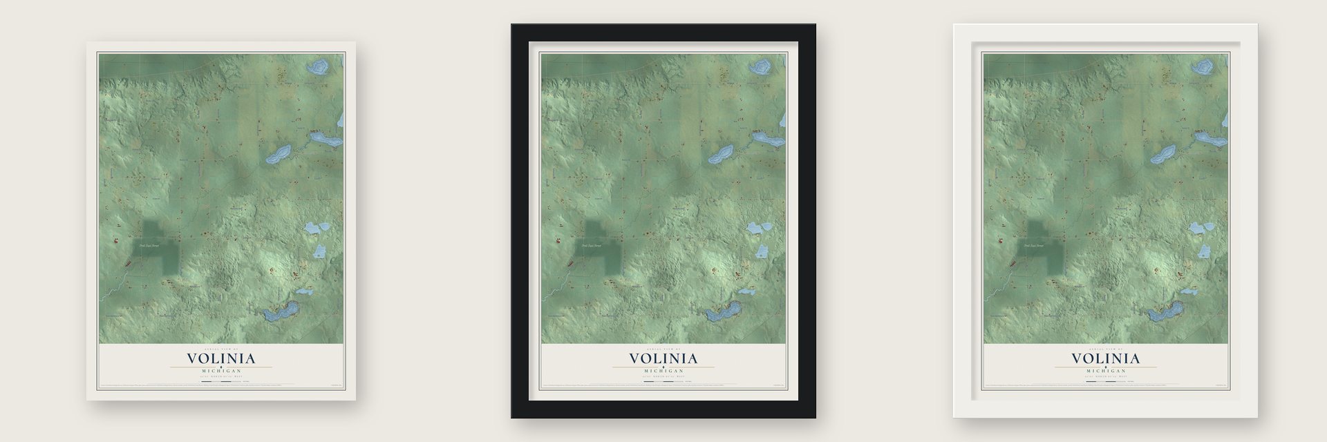 Volinia, Michigan map unframed, in a black wood frame and in a white wood frame