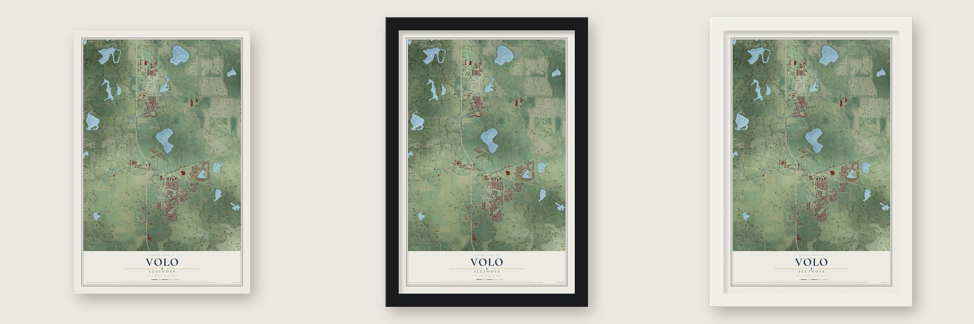 Volo, Illinois map unframed, in a black wood frame and in a white wood frame