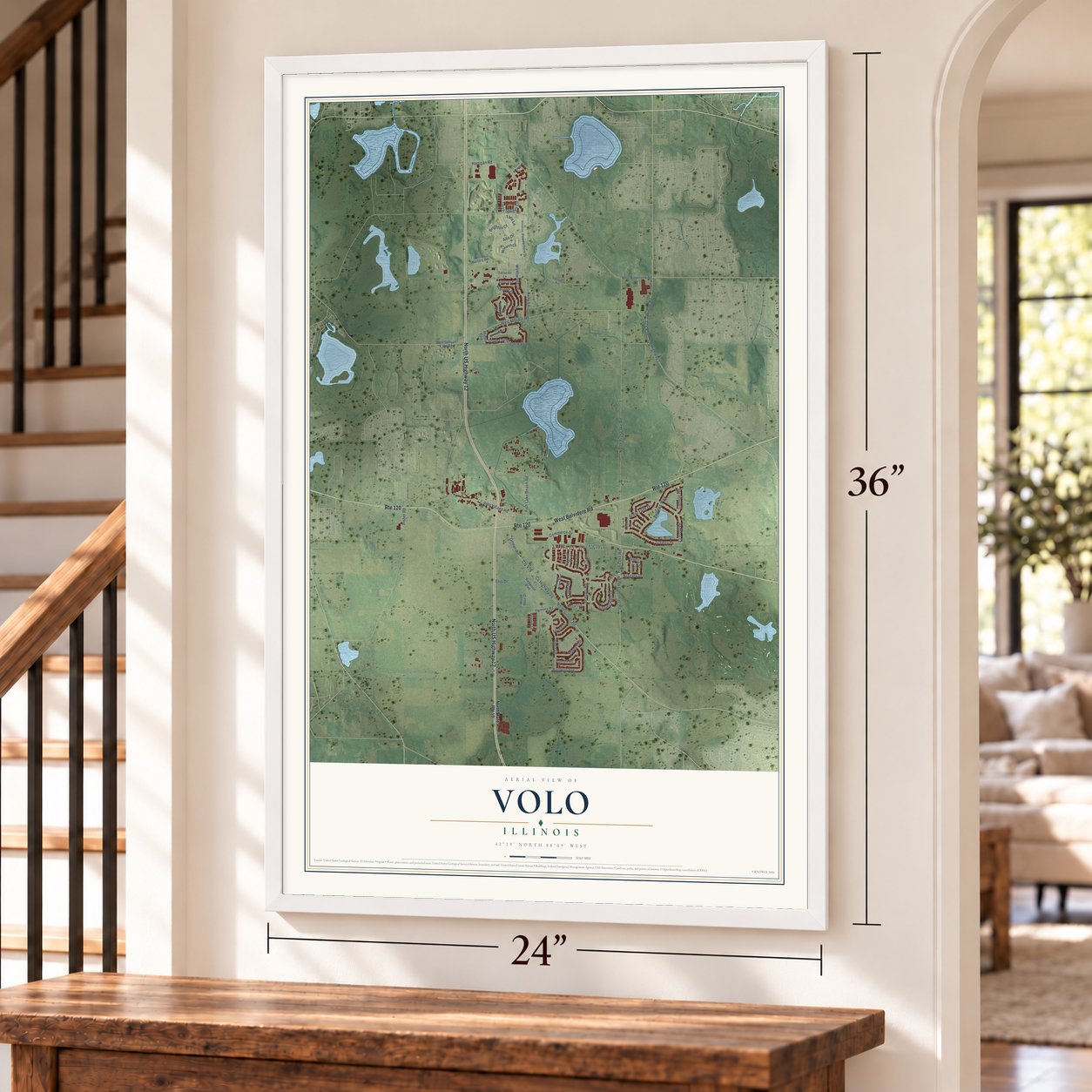 Volo, Illinois map, 24 x 36 inch print in a white frame by a staircase
