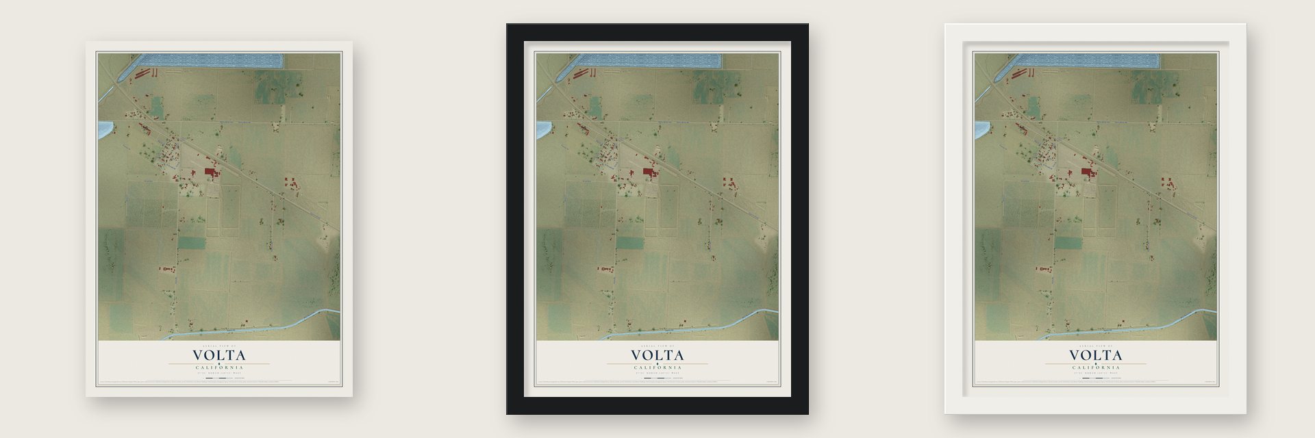 Volta, California map unframed, in a black wood frame and in a white wood frame