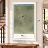 Volta, California map, 24 x 36 inch print in a white frame by a staircase