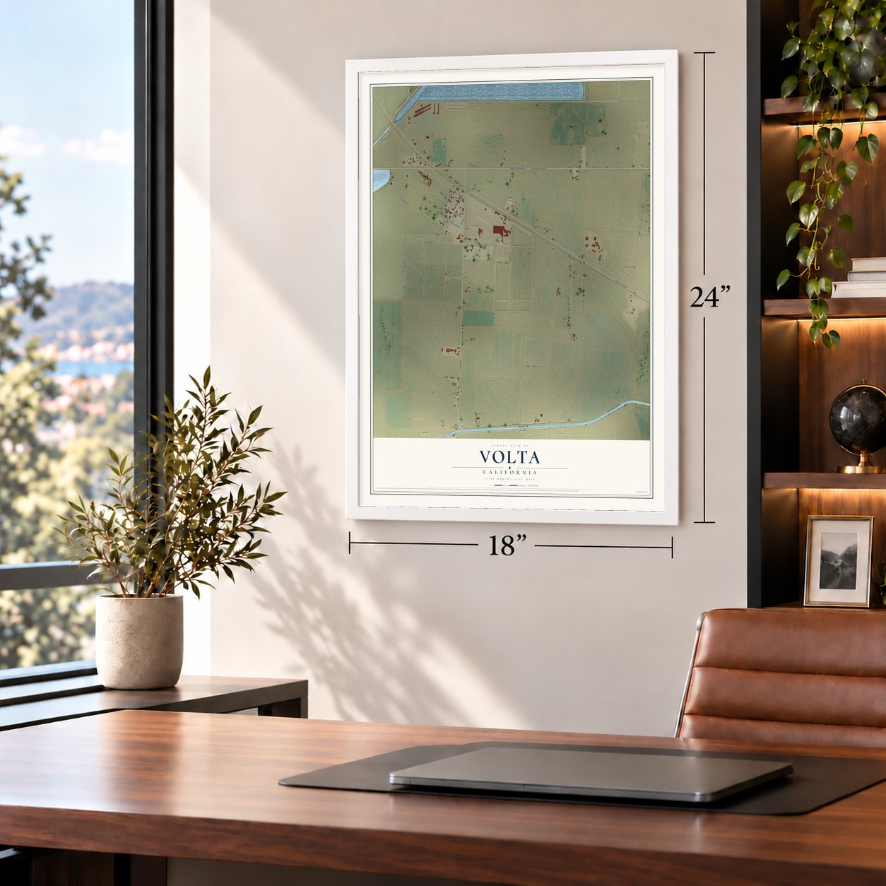 Volta, California map, 18 x 24 inch print in a white frame in a home office