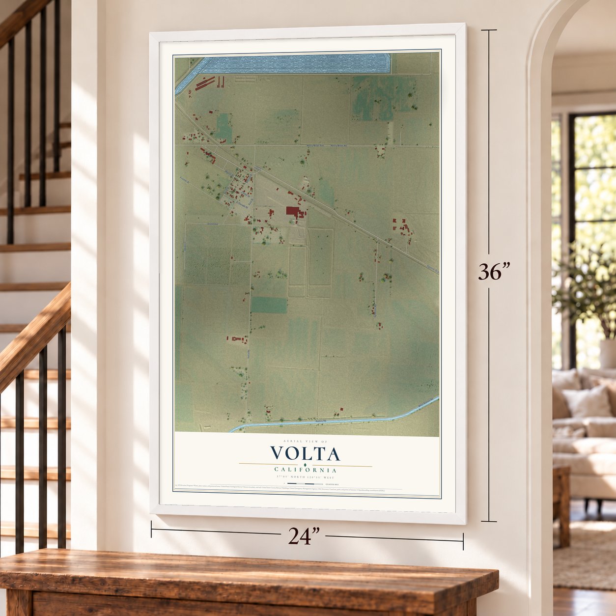 Volta, California map, 24 x 36 inch print in a white frame by a staircase