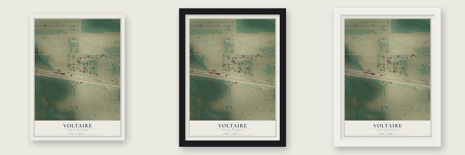 Voltaire, North Dakota map unframed, in a black wood frame and in a white wood frame