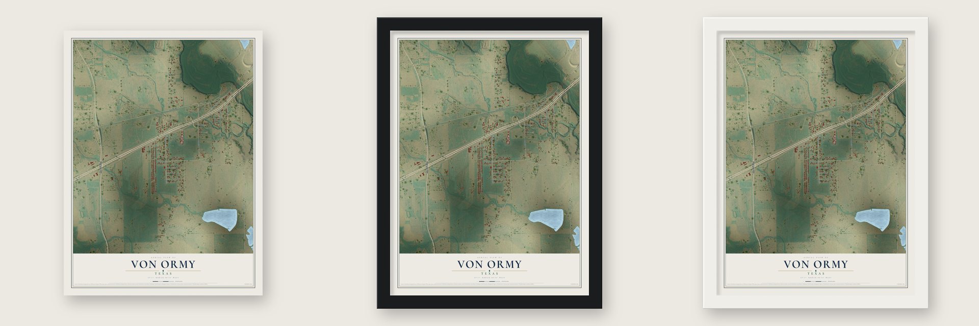Von Ormy, Texas map unframed, in a black wood frame and in a white wood frame