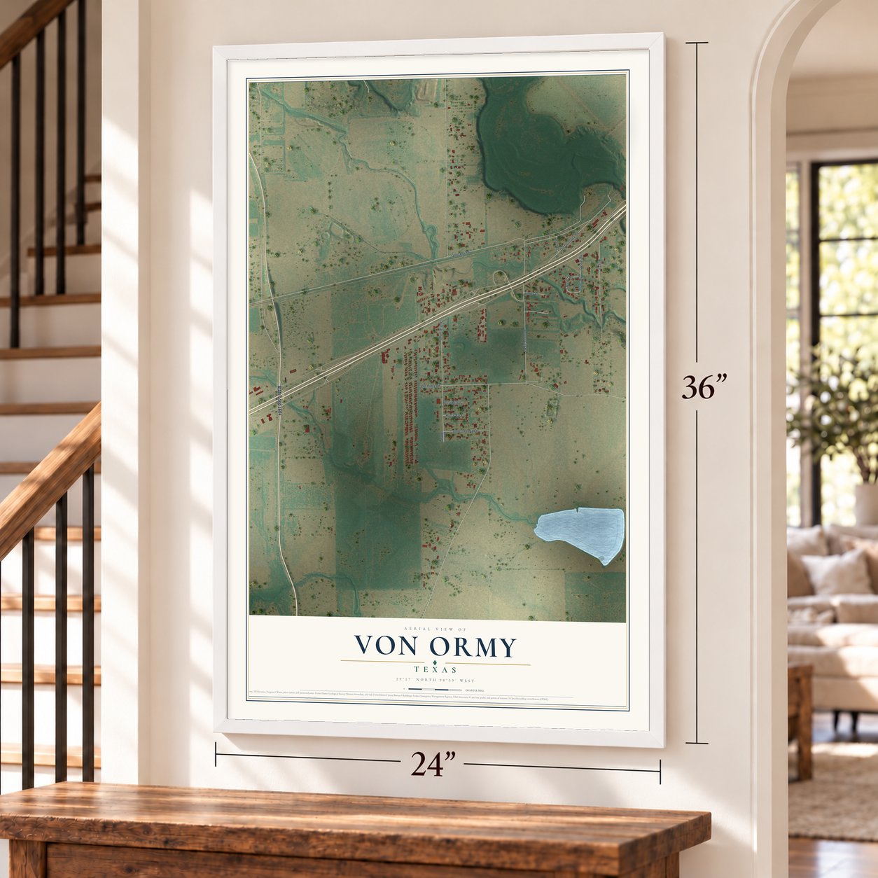 Von Ormy, Texas map, 24 x 36 inch print in a white frame by a staircase