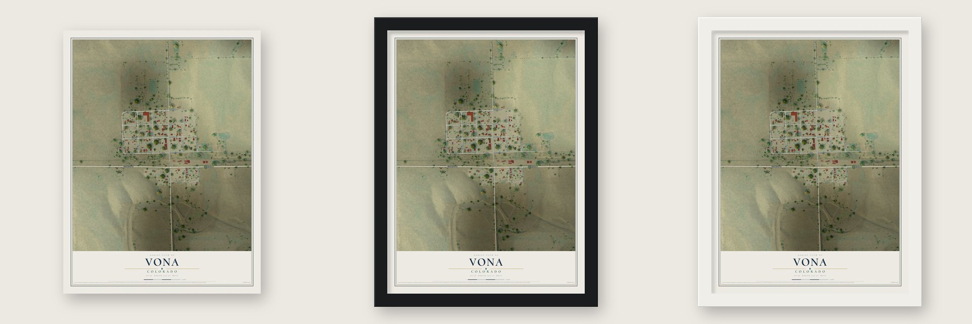 Vona, Colorado map unframed, in a black wood frame and in a white wood frame