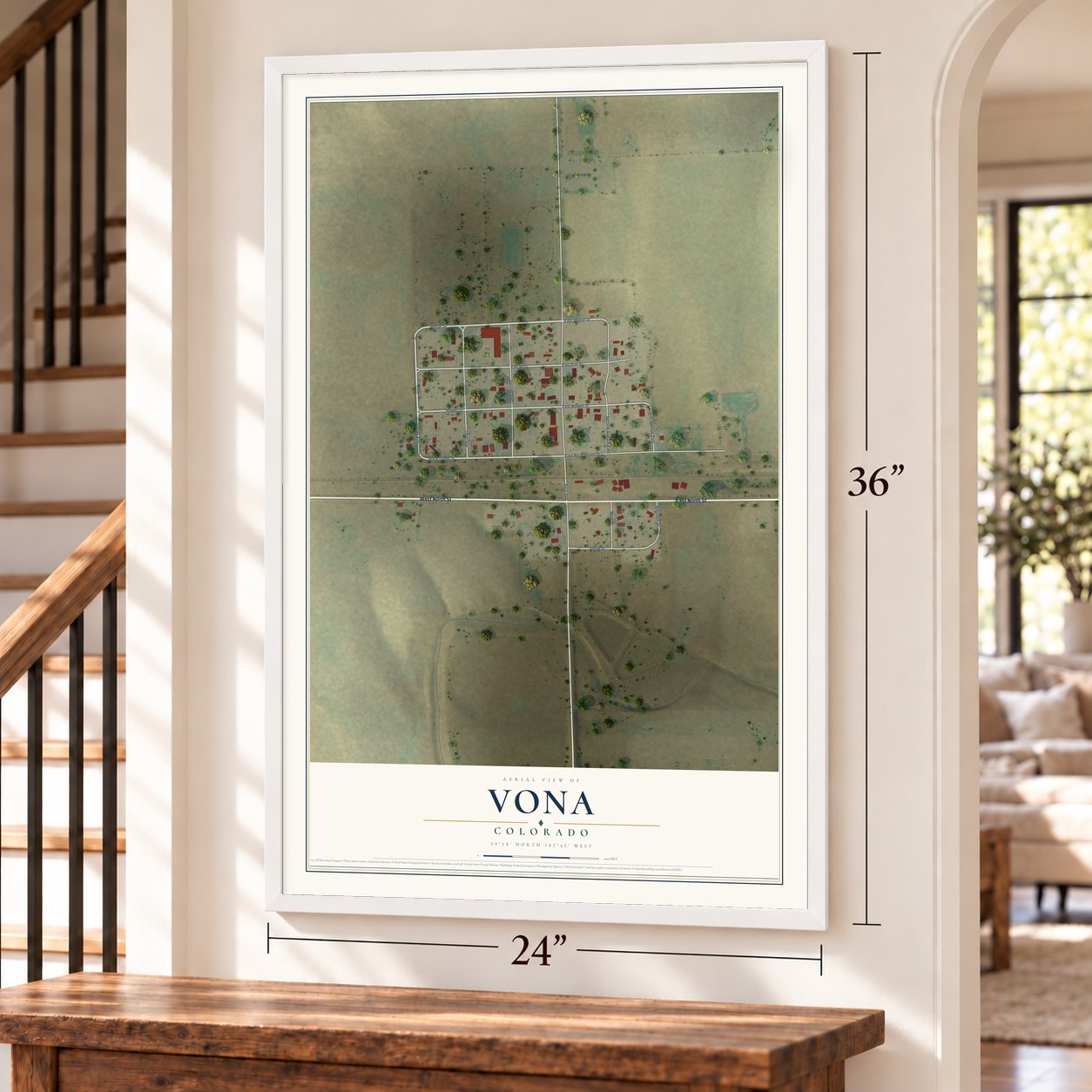 Vona, Colorado map, 24 x 36 inch print in a white frame by a staircase